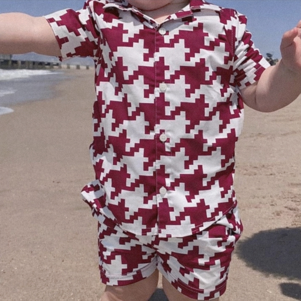WET Minny Carson Boys 2pc Swim/Short Set In Fuscia/White Houndstooth Size 7-8Y